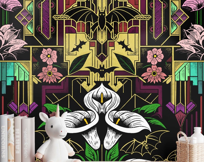 Art Deco Wallpaper - Gothic Bats & Floral Design in Burgundy and Gold, Vintage 1920s Elegance for Home Decor
