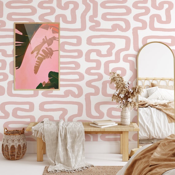 Pink Brush Wall Decor, Stroke Labyrinth Pattern Wallpaper, Soft Paintbrush Temporary Wall Art in Blush Pink Soft Color