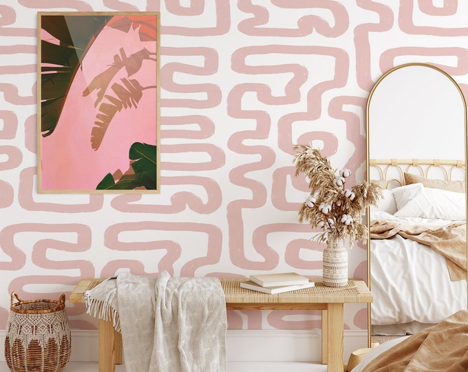 Pink Brush Wall Decor, Stroke Labyrinth Pattern Wallpaper, Soft Paintbrush Temporary Wall Art in Blush Pink Soft Color