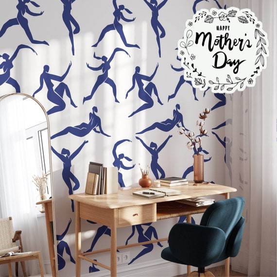 Blue Dancers Artistic Wallpaper, Modern Art Wall Decor