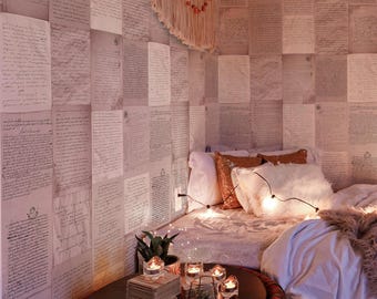 Love Letters Romantic Wallpaper, French Poem Lettering Pink Wall Decor, Handwritten Poetry Art for Bedroom & Living Room