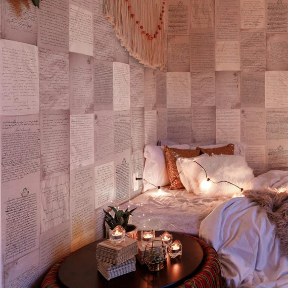 Love Letters Romantic Wallpaper, French Poem Lettering Pink Wall Decor, Handwritten Poetry Art for Bedroom & Living Room