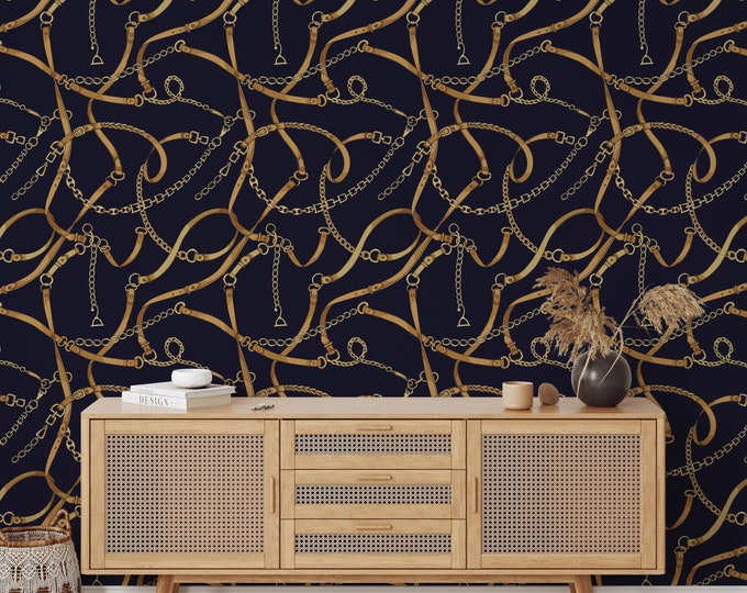 Vintage Horse Reins Wallpaper, Chains Wall Decor, Tacks and Belts Wall Art