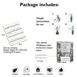 Pu&ograve; includere: Un set di carta da parati autoadesiva con un motivo di betulla bianco e grigio. Il set comprende 8 fogli, ognuno misura 68,58 cm per 99,06 cm, coprendo 5,48 metri quadrati. La confezione include anche istruzioni semplici per l'uso, colla speciale per carta da parati e una guida per principianti. La carta da parati &egrave; ecologica, rimovibile, facile da installare, fai-da-te e sicura.