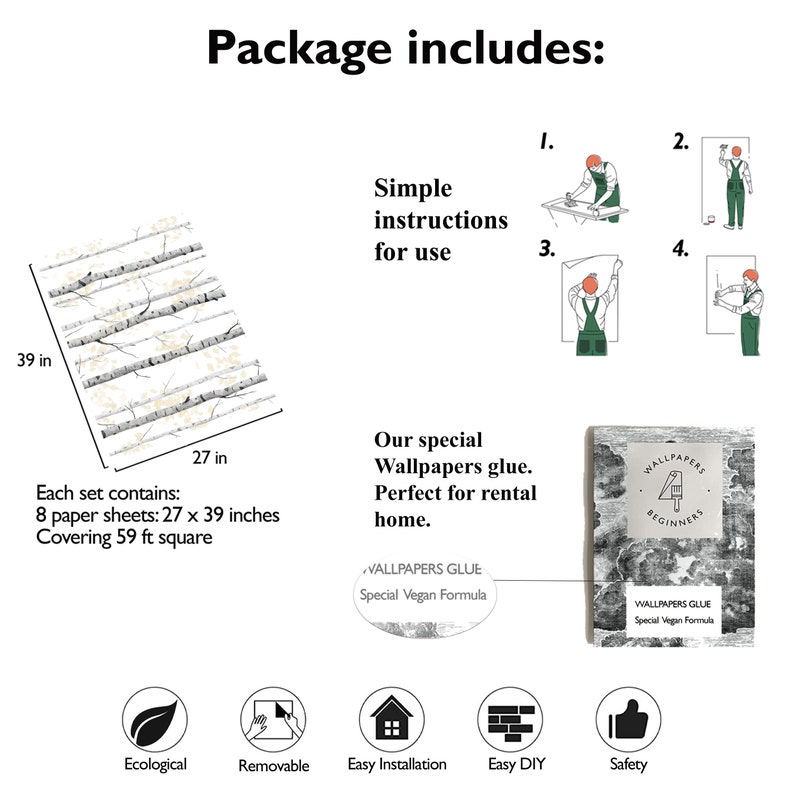 Pu&ograve; includere: Un set di carta da parati autoadesiva con un motivo di betulla bianco e grigio. Il set comprende 8 fogli, ognuno misura 68,58 cm per 99,06 cm, coprendo 5,48 metri quadrati. La confezione include anche istruzioni semplici per l'uso, colla speciale per carta da parati e una guida per principianti. La carta da parati &egrave; ecologica, rimovibile, facile da installare, fai-da-te e sicura.