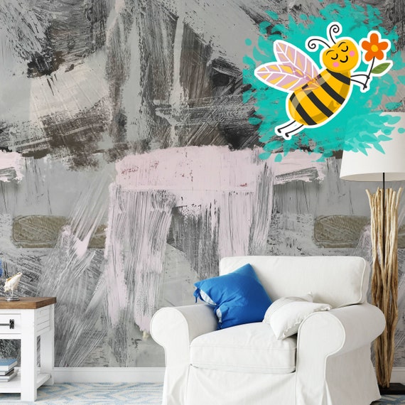 Extra Large Colorful Brushstroke Modern Wallpaper, Grey and Pink Abstract Painting Wall Decor,