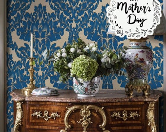 Blue Victorian Baroque Damask Wallpaper, Vintage Style retro design for Living Room Decor