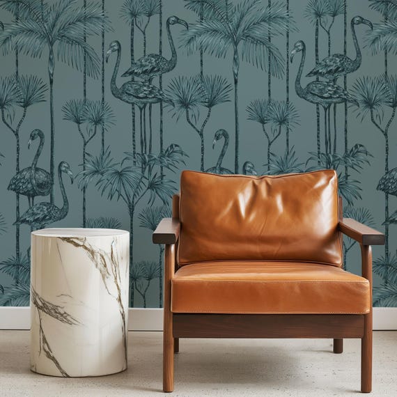 Blue Flamingo Wallpaper, Tropical Birds Vintage Wall Covering, Dramatic Exotic Nature Decor for Home & Office