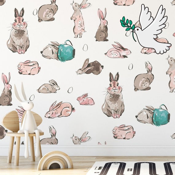 Watercolor Rabbits Nursery Wallpaper, Cute Rabbit Kid's Room Decor