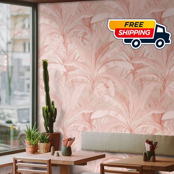 Add a Touch of Tropical Charm with this Pink Banana Leaf Wallpaper - Perfect for a Stylish and Feminine Look!