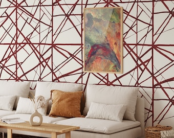 Red and White Modern Stripes Shibori Wallpaper, Colorful Red Brush Strokes Wall Decor Abstract Lines