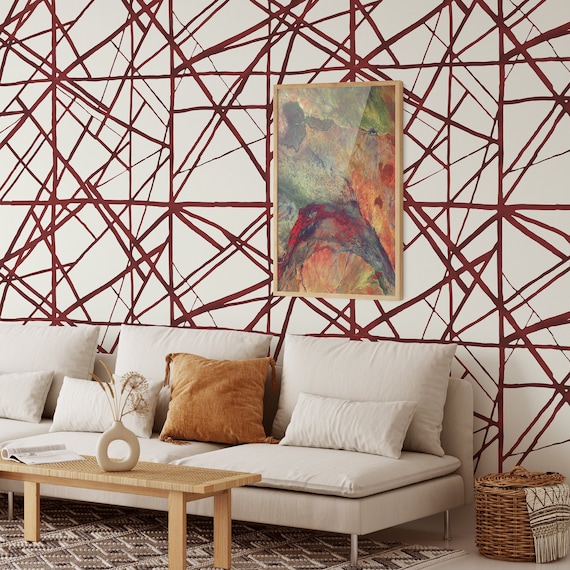 Red and White Modern Stripes Shibori Wallpaper, Colorful Red Brush Strokes Wall Decor Abstract Lines