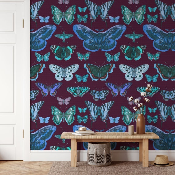 Butterfly Wallpaper for Sage Burgundy Decor, Colorful Butterflies and Moths Dark Background  Wall Decore