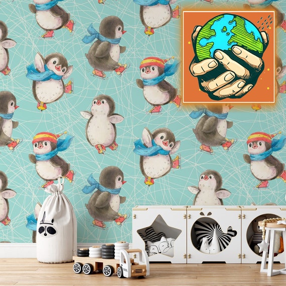 Baby Penguins Wallpaper, Kids Nursery Watercolor Wall Decor, Cute Animal Nordic Nursery with Penguin