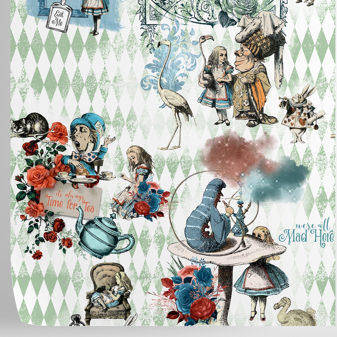 Alice in Wonderland Whimsical Wallpaper, Watercolor Art Alice Wall