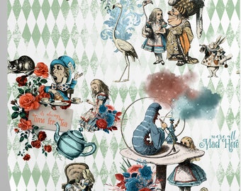 Alice in Wonderland Whimsical Wallpaper, Watercolor Art Alice Wall Decor, Colorful Cartoon Wall Art