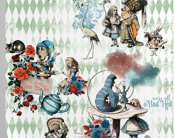 Alice in Wonderland Whimsical Wallpaper, Watercolor Art Alice Wall Decor, Colorful Cartoon Wall Art
