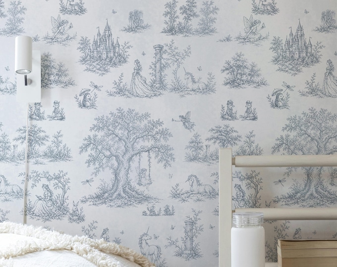 Vintage French Toile Wallpaper in 3 Colors, Princess Fairy Unicorn Nursery, Cottagecore Girls Bedroom Decor