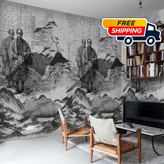 Monochrome Japanese Tradition: Samurai Lore & Majestic Fuji Eco-Friendly Wallpaper, Zen Aesthetic Wall Art