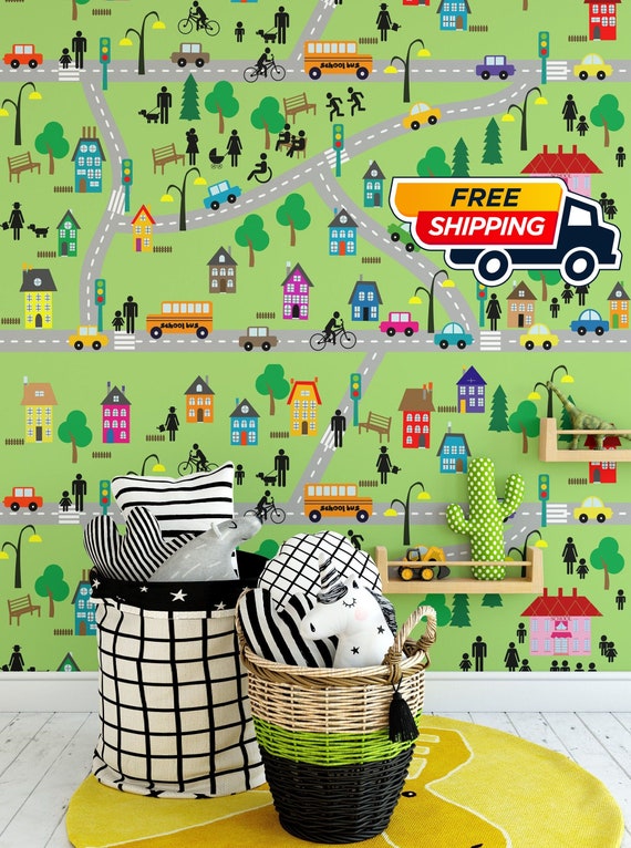 A fun city map wallpaper for kids room Decor, Village Wall Art with roads