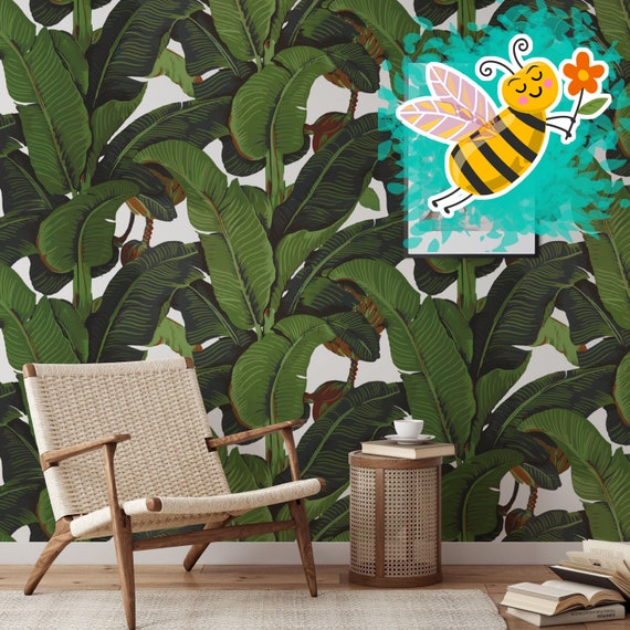 Banana Leaf Tropical Rainforest Wallpaper, Green Leaves Print Palm Tree Jungle Print Boho Decor