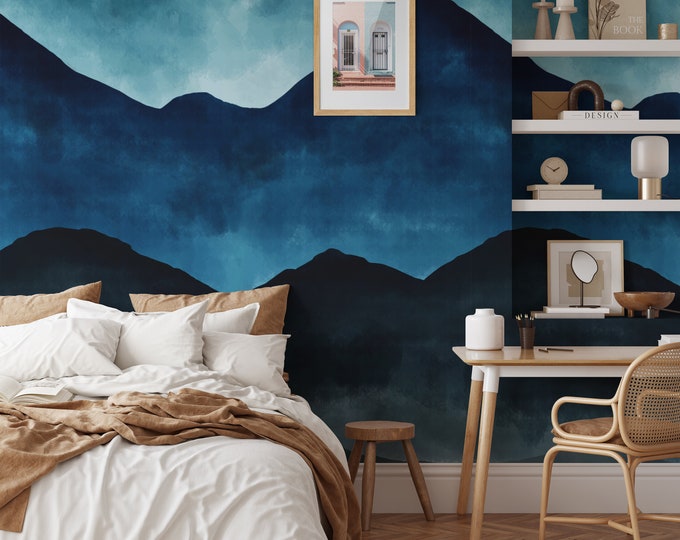 Extra Large Mountain Mural, Pastel Blue Ombre Abstract Wallpaper, Ocean Blue Watercolor Wall Decor