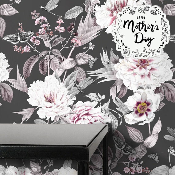 Black Romantic Peonies Wallpaper, Dark floral shabby chic peony wall decor