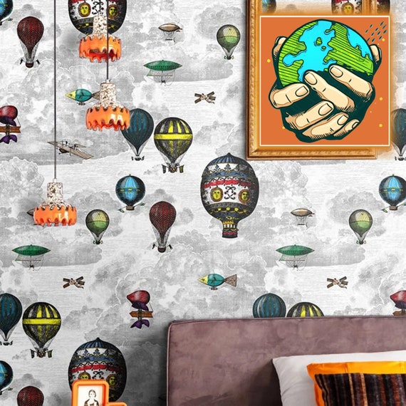 Hot Air Balloons Wallpaper with Vintage Airships, Vintage Illustration Cloudy Sky for Feature Wall