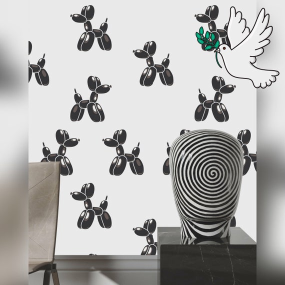 Dog Balloon Wallpaper, Black and White Modern Art Wall Decor, Artistic Wall Art