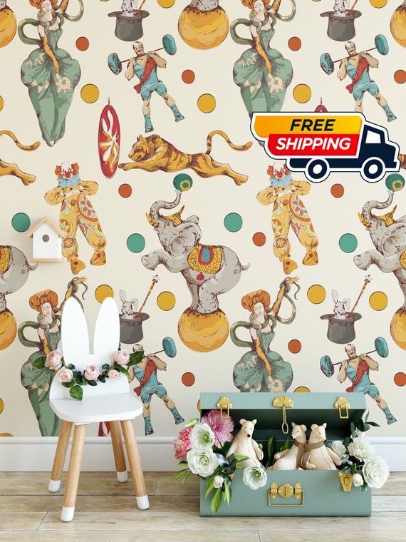 Watercolor Circus Nursery Wallpaper for Boys Room Decor, Nursery Wall Decor, Whimsical Circus Animals Retro Wall Art