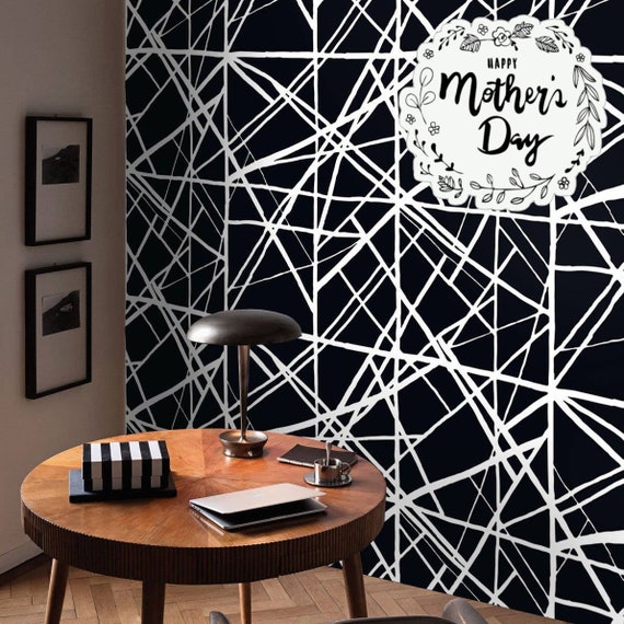 Black Modern Striped Wallpaper, Temporary wall art for wall decor aesthetic