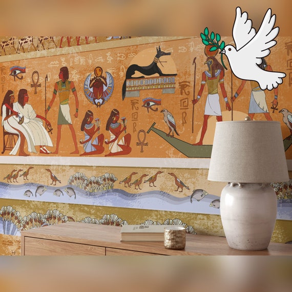 Ancient Egypt Mythology Wallpaper, Egyptian Wall Mural, Mystical Nile, Pyramids and Hieroglyph Writing