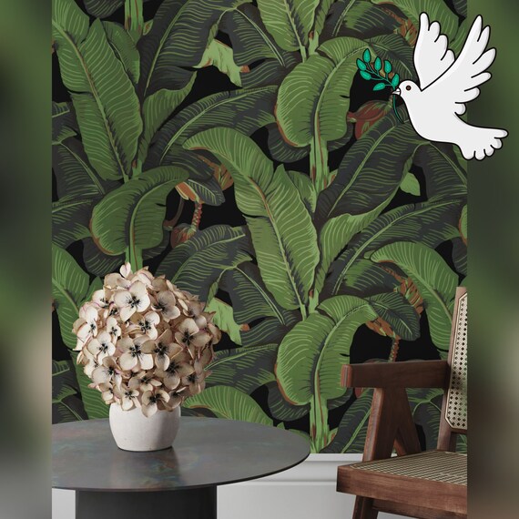 Black Banana Leaf Tropical Rainforest Wallpaper, Leaves Print Palm Tree Jungle Print Boho Decor