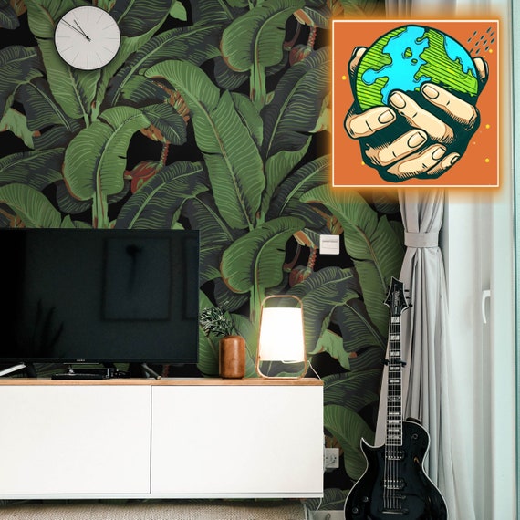 Create an Exotic Oasis with Our Black Background Banana Leaf Wallpaper | Stylish and Striking Design for a Bold Décor