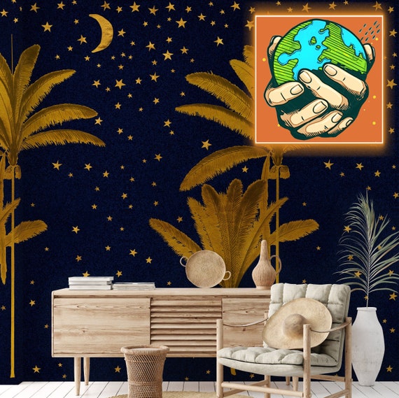 Golden Palm Trees Night Sky Wallpaper, Starry Tropical Decor, Arabian Nights Art Palm Tree Wall Decor