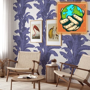 Blue Tropical Leaves Removable Wallpaper, Blue Palm Leaf Wall Mural, Vintage Exotic Plants Wall Art