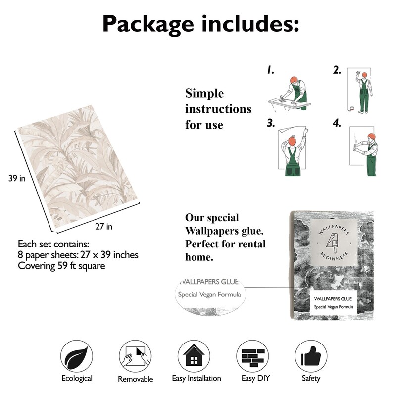 Pu&ograve; includere: Un set di carta da parati con foglie tropicali beige e bianche con istruzioni per l'uso, colla e una guida per i principianti. La carta da parati misura 27 pollici per 39 pollici e copre 59 piedi quadrati.