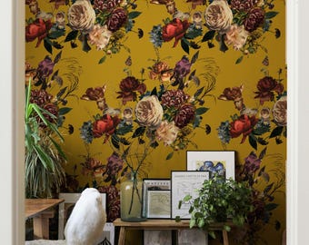 Mustard Yellow Background Flemish Style Floral Wallpaper - Elegant and Timeless Wall Decor for a Vibrant Statement