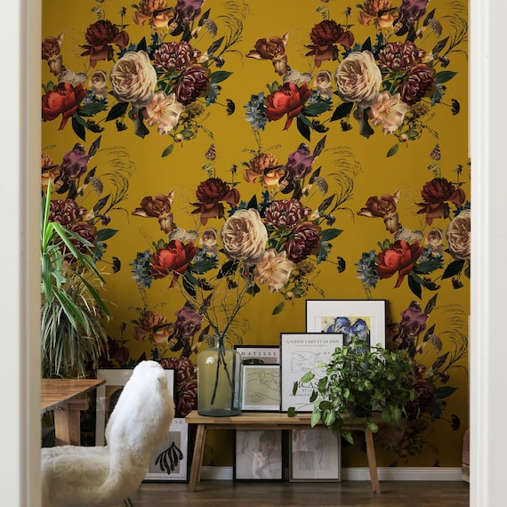 Mustard Yellow Background Flemish Style Floral Wallpaper - Elegant and Timeless Wall Decor for a Vibrant Statement