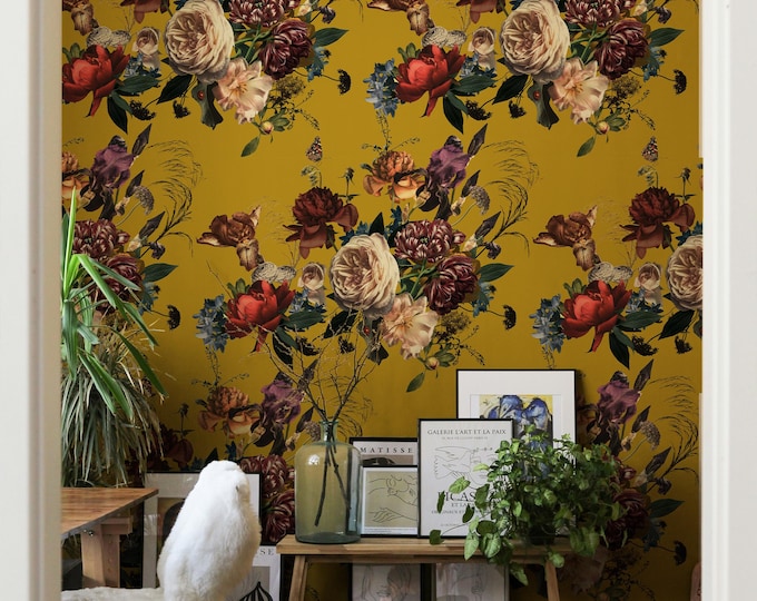 Mustard Yellow Background Flemish Style Floral Wallpaper - Elegant and Timeless Wall Decor for a Vibrant Statement