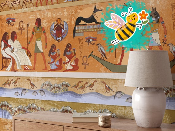 Ancient Egypt Mythology Wallpaper, Egyptian Wall Mural, Mystical Nile, Pyramids and Hieroglyph Writing