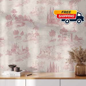 French Vintage Toile Wallpaper: Elegant Monochrome Landscape in Pink - Classic Decor, Vintage Monochrome Landscape Wallpaper.