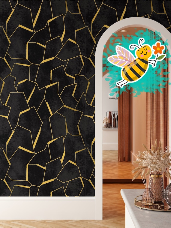 Minimalist Pattern Black and Gold Modern Wallpaper, Abstract Lines Geometric Simple Stripes Minimal Wall Art