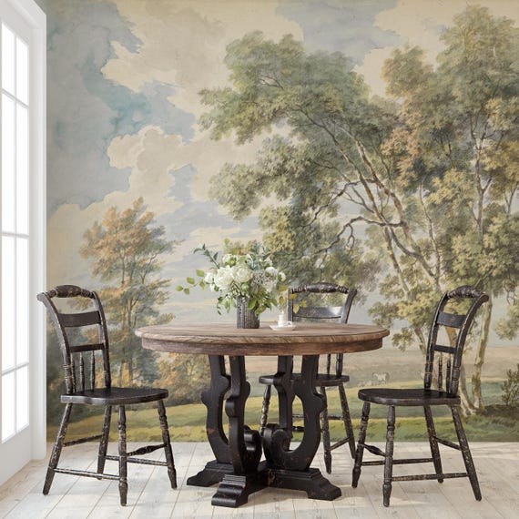 English Countryside Wallpaper | Watercolor Landscape Wall Mural | Cottagecore Pastoral Scene | Eco-Friendly & Removable