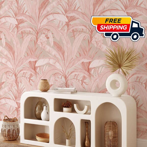 Papier peint jungle tropicale rose, décoration murale tropicale unique esthétique en or rose, feuilles de palmier décoration bohème tropicale en rose poudré