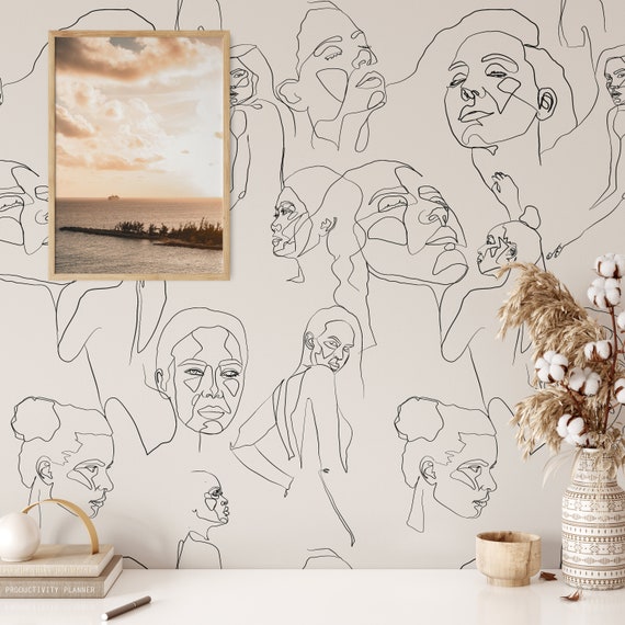 Large Face Line Drawing Wallpaper, Wire Art wall decor Soft Woman Visage, Minimalist Mural Wallpaper