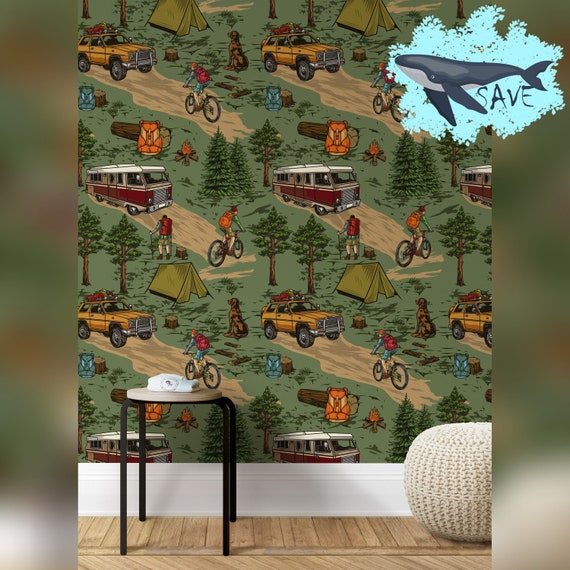 Outdoor Trekking Camping Wallpaper, Wild Nature Trees Wall Decor, Woodland Wall Art