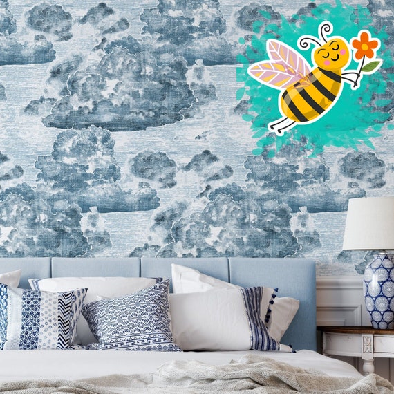 Hand-Engraved Blue and White Cloud Wallpaper - Ethereal Wall Decor with Artistic Flair and Handcrafted Charm, Vintage Style Cloud Wallpaper