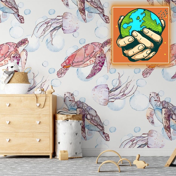 Ocean Wallpaper for All Kids, Jellyfish and Turtle Wall Art, Watercolor Underwater Wall Decor