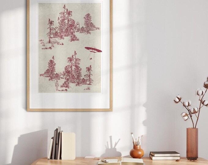 Alien Toile Poster, UFO Wall Art, Surreal Vintage Landscape Print, Sci Fi Illustration, Unique Eclectic Decor